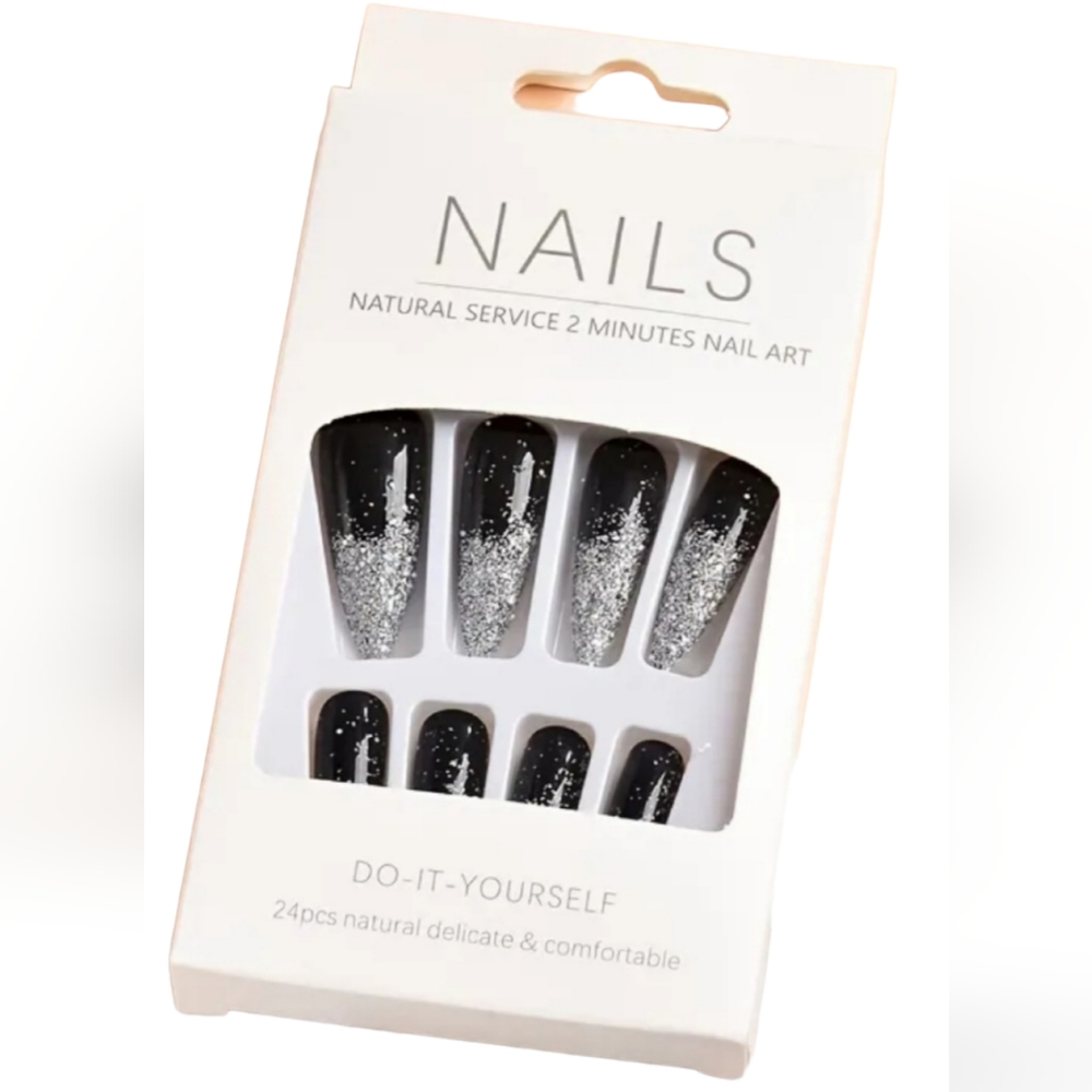 Halloween full cover stiletto false nails black with glitter powder desi…